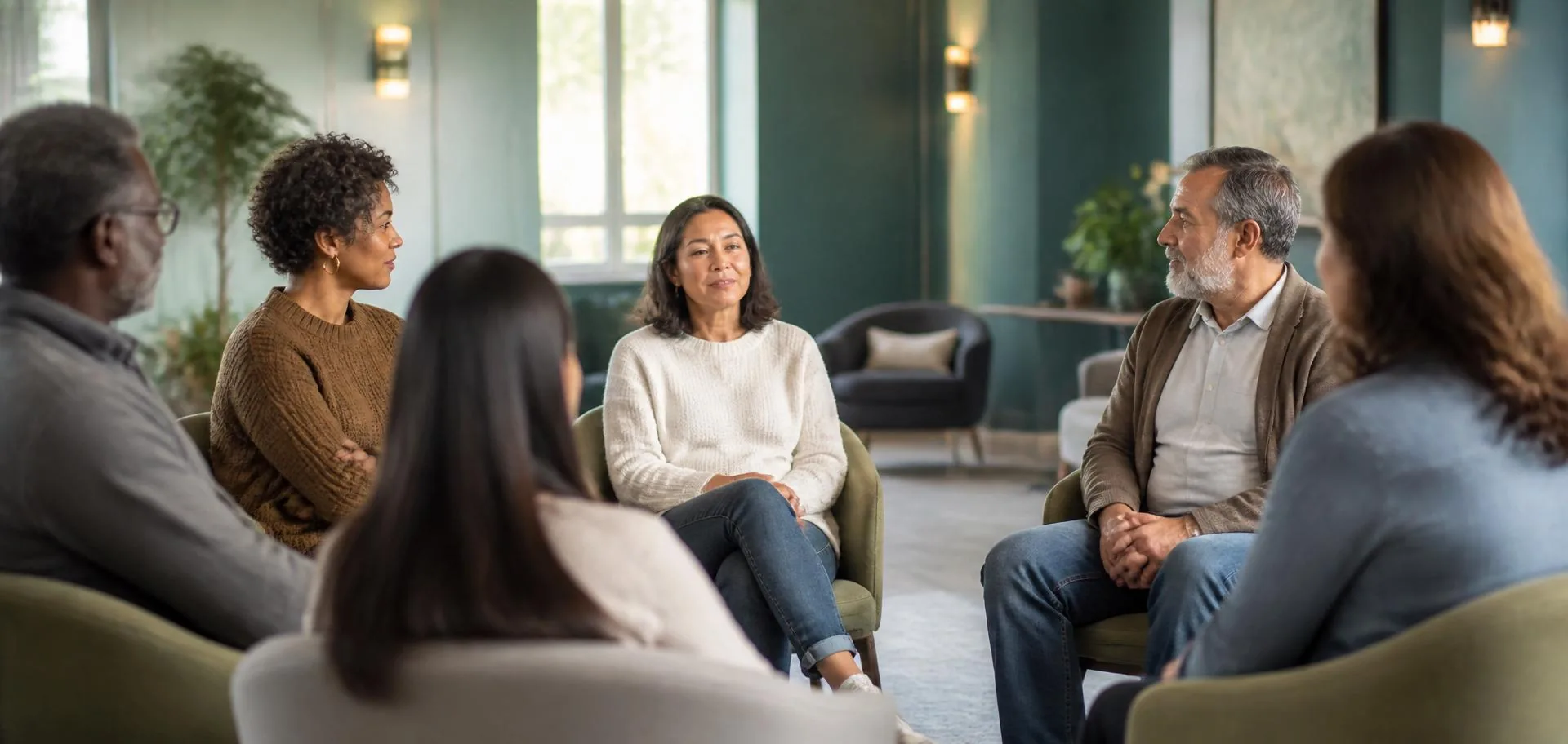 Small outpatient therapy group in a warm daylit room